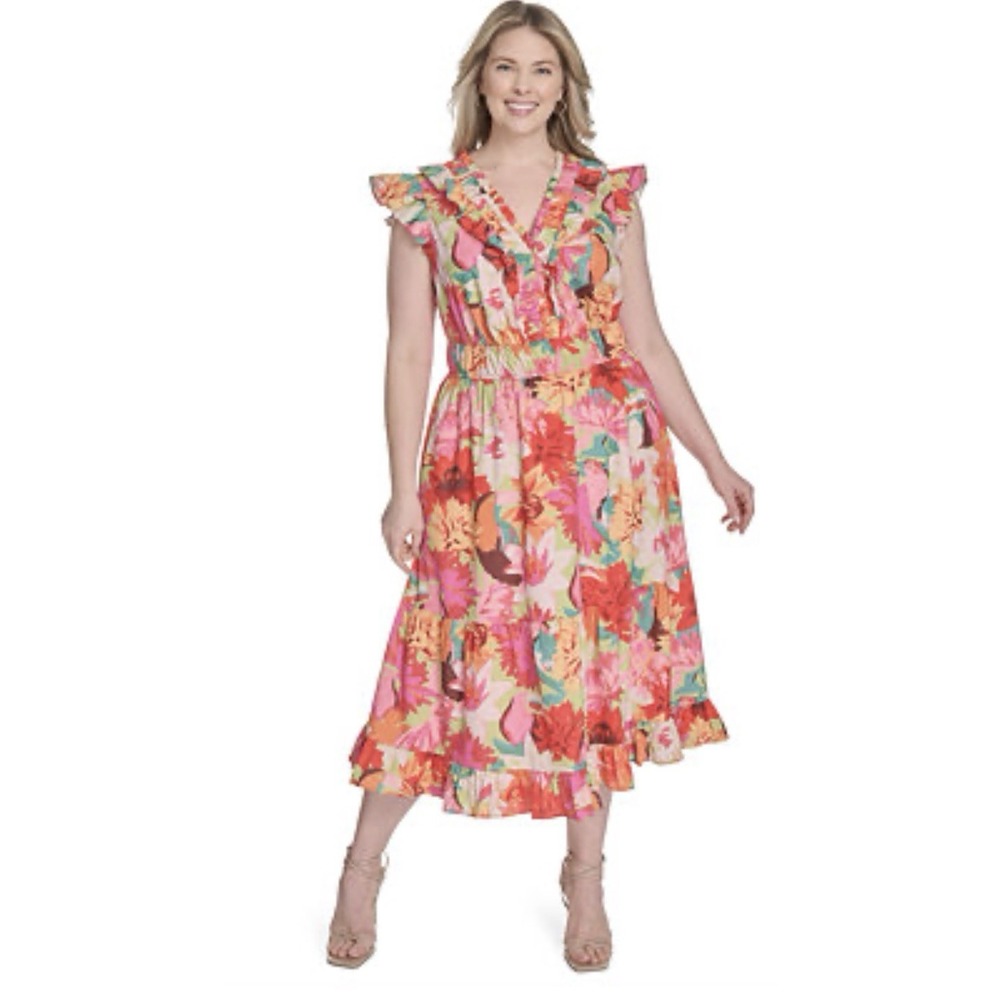 Vince Camuto Floral Ruffles Flutter Sleeve Dress Women's 16W Boho Party Wedding